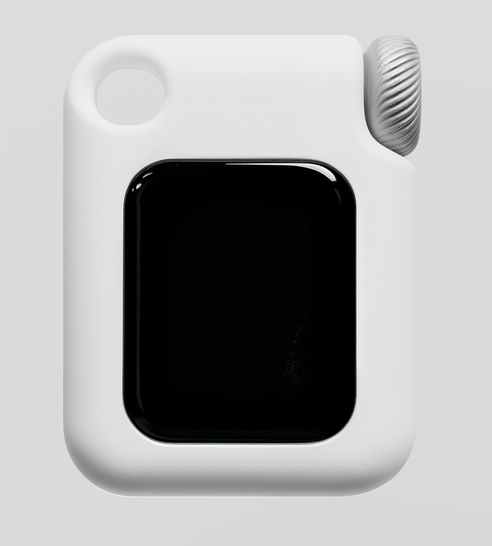 I Ching-01, a white pocket-sized device with a black screen and a ribbed steel crown